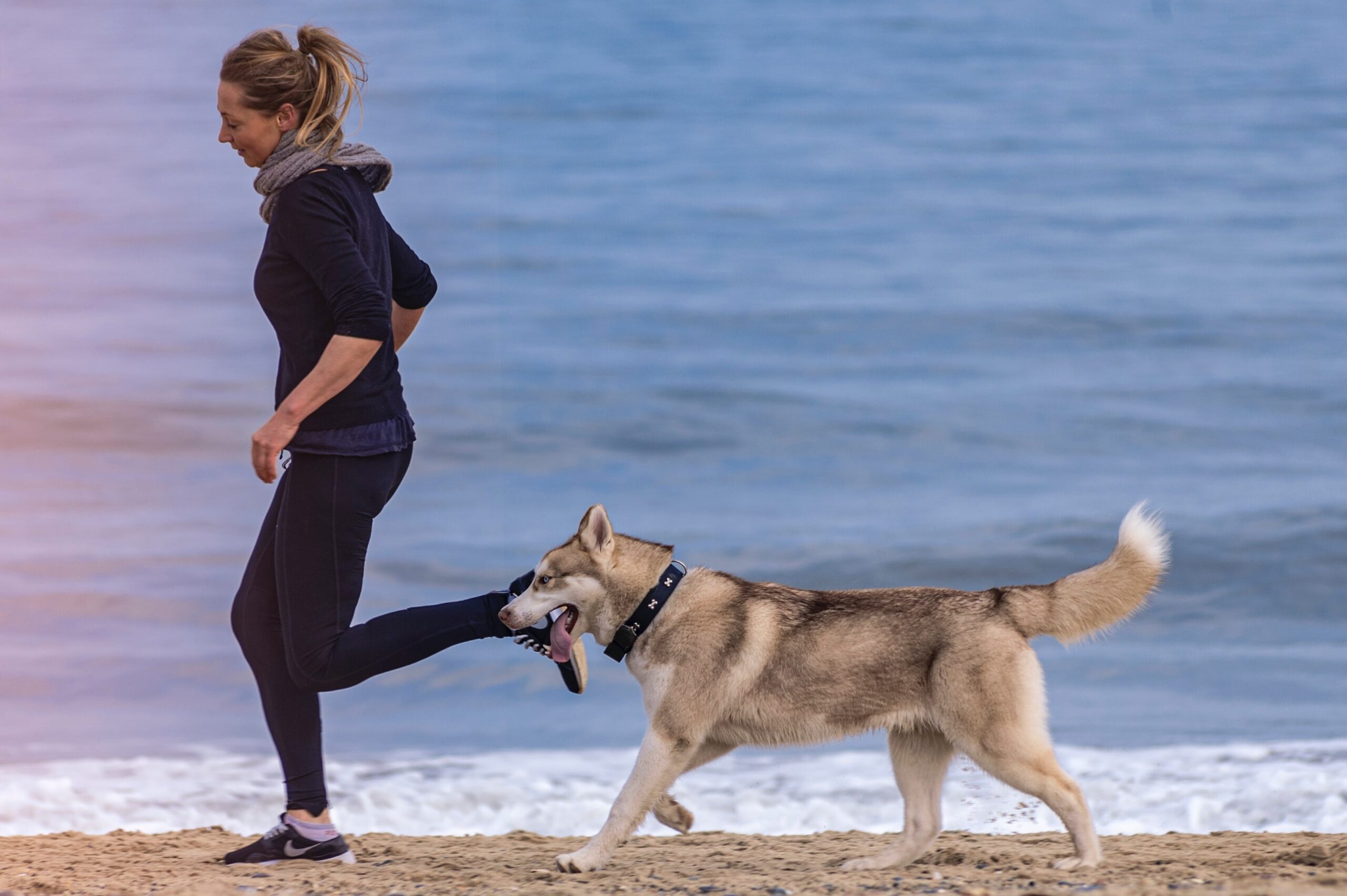 Una donna che fa jogging su una spiaggia con il cane