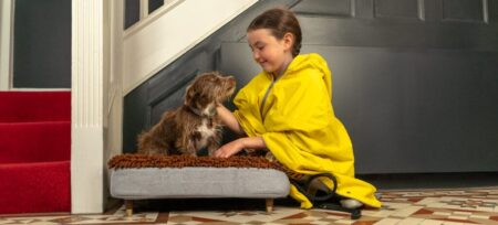 Una ragazza carezza un cane marrone sulla cuccia Topology con topper in microfibra