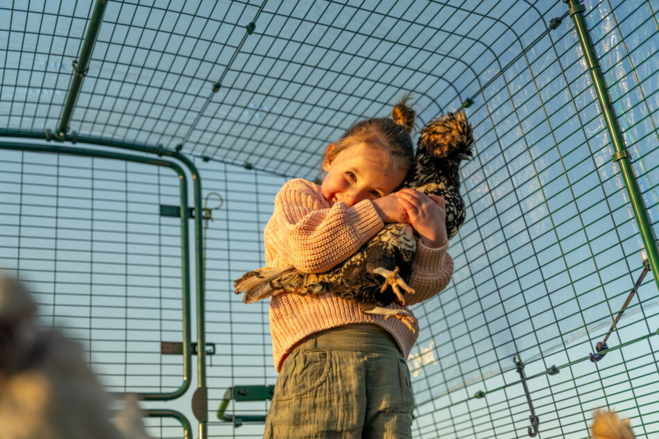 bambina che coccola una gallina nel recinto di eglu pro