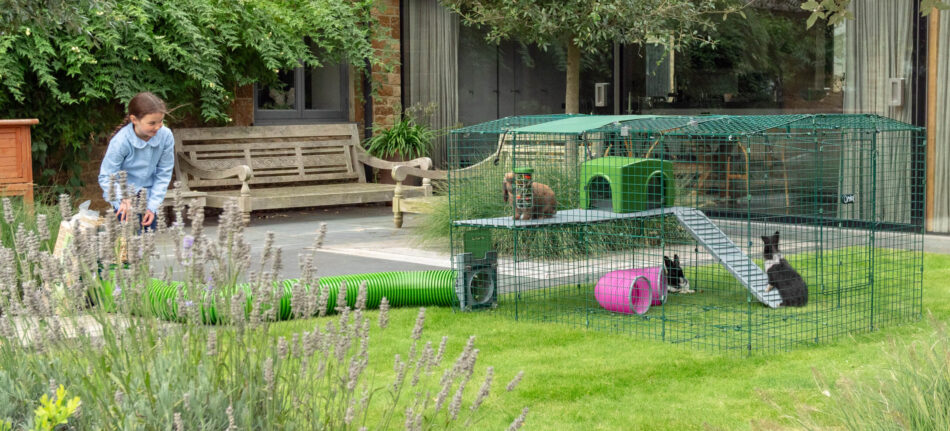 Bambina in un giardino con i suoi conigli su una piattaforma per recinti Zippi di Omlet