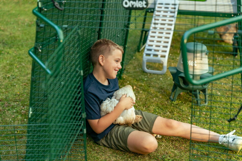 bambino che coccola una gallina in un recinto di eglu pro